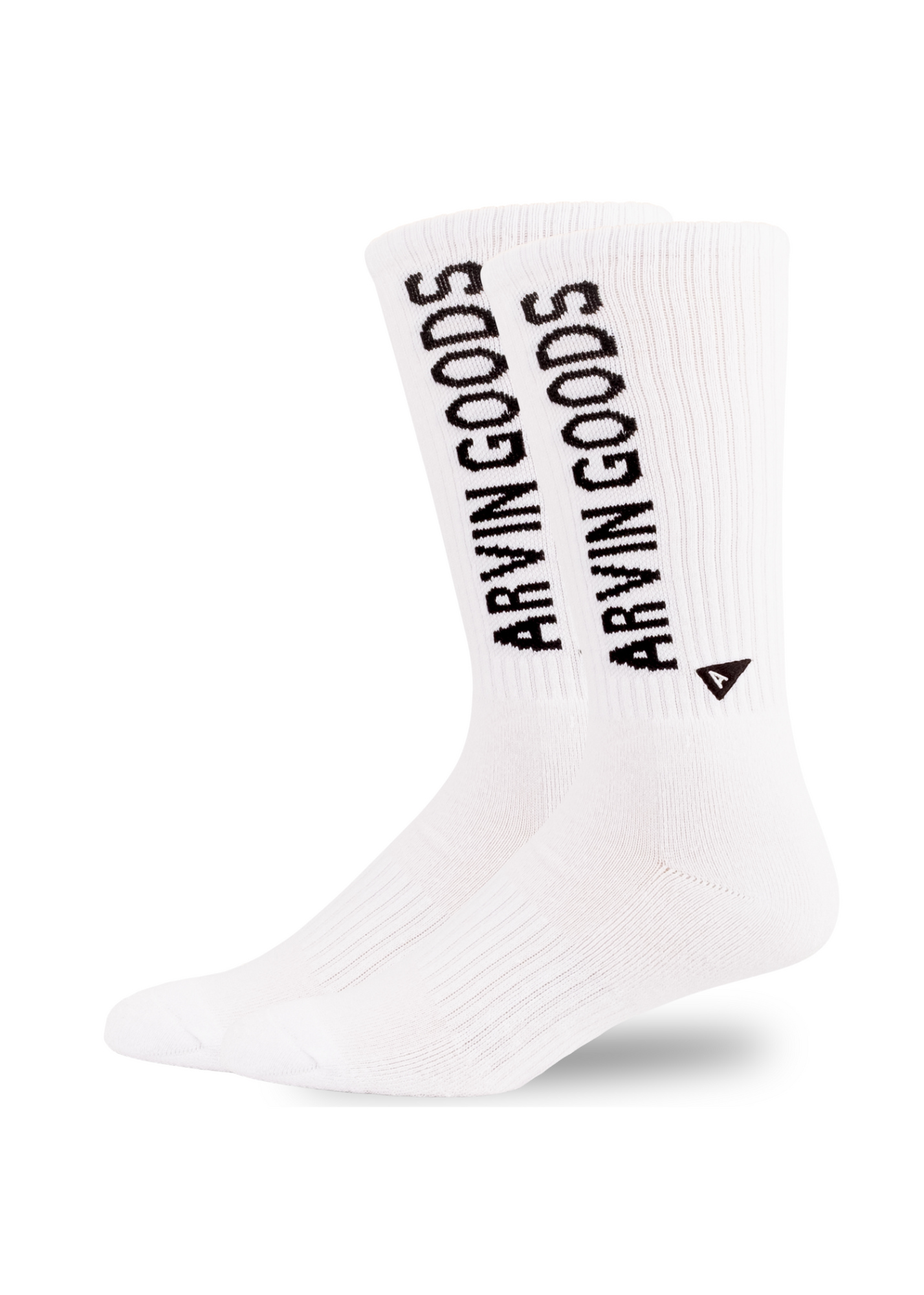 Arvin Goods Tall Crew Sock White with Arvin Goods Lettering in Black
