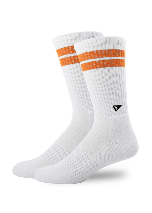 Arvin Goods Tall Crew Sock White with Orange Stripes