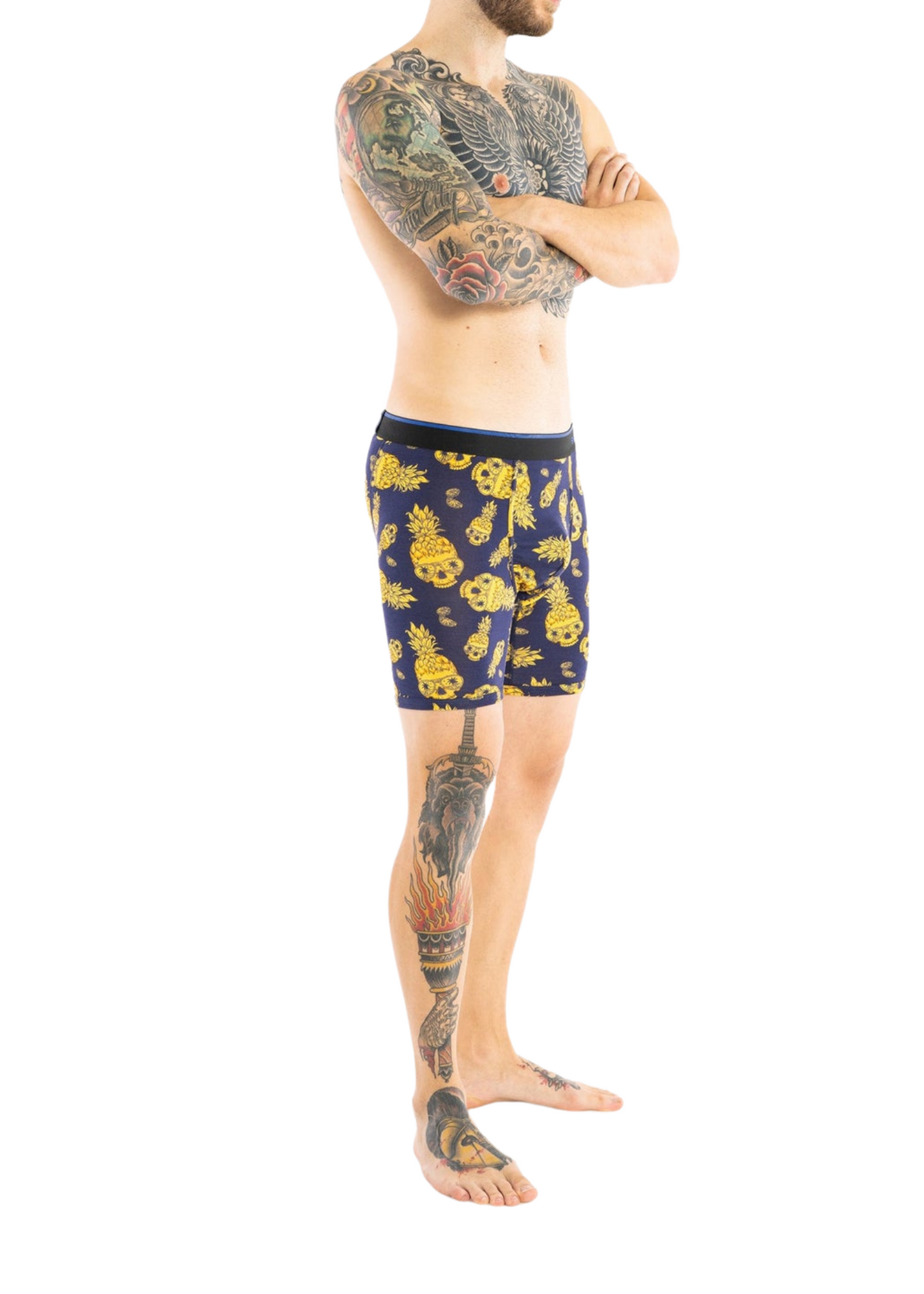 Person wearing BN3TH Boxer Briefs with Pattern of Pineapples with Skull Faces