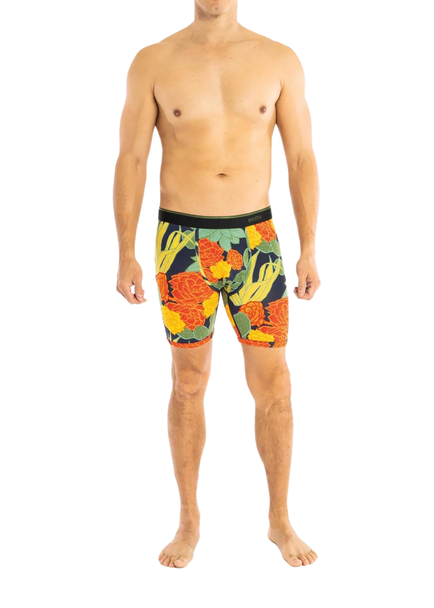 Person wearing BN3TH Boxer Briefs with Green, Red and Yellow Plants and Cactuses